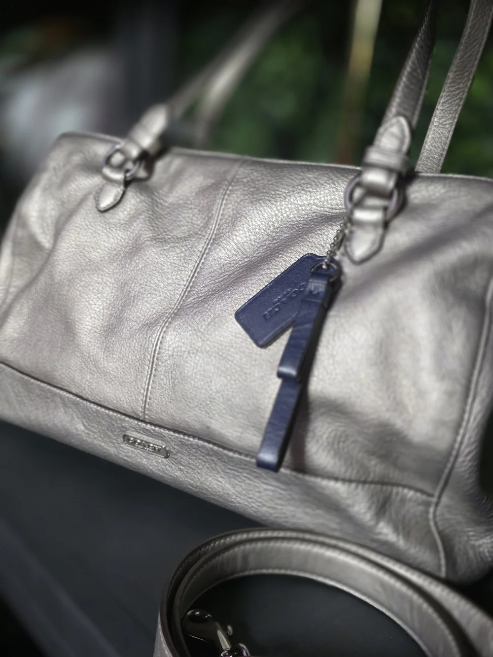 Coach Metallic Silver Leather Satchel with Blue Hang Tag